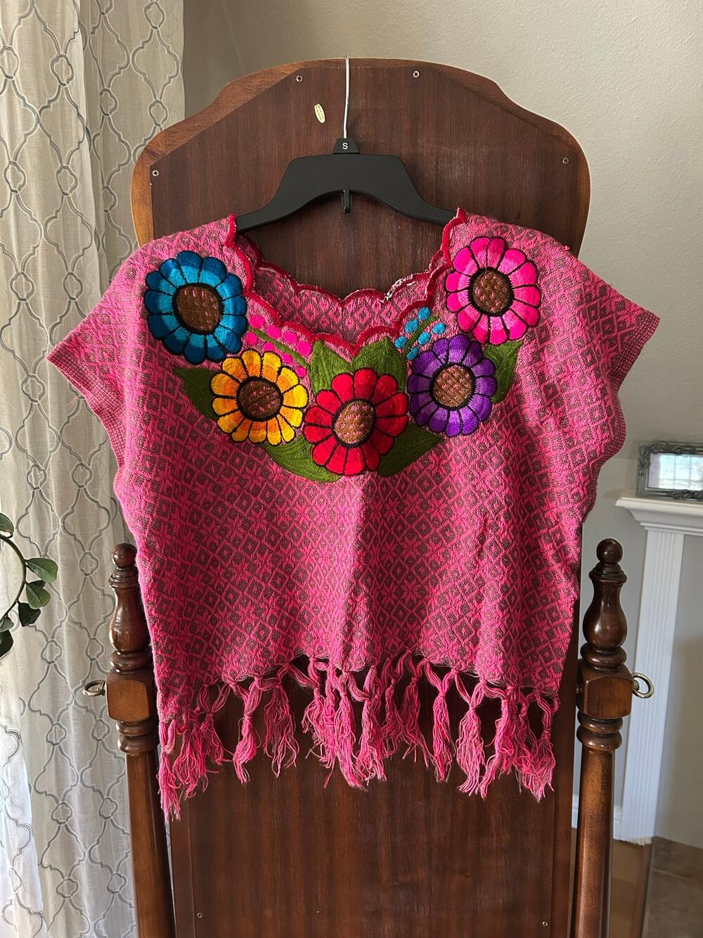 Mexican Huipil embroidered Rebozo Cropped Top Blouse Fringed Pink One Size